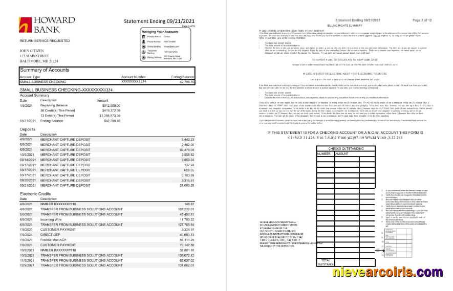 USA Maryland Howard Business bank statement, Excel and PDF format (.xls and .pdf) (4 pages)